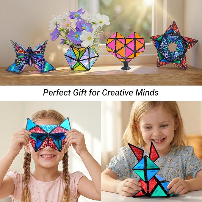 TOSY Magnet Pyramid Stone - 1 Cube Transforms into 1 Billion Shapes, 12 Pieces, 243 Rare Earth Magnets, Holographic Design Magnet Tiles Creative Puzzle STEM/STEAM Toy
