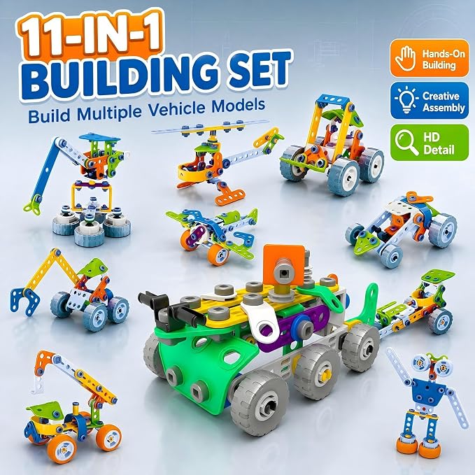 11 in 1 STEM Building Toys, 175 Pieces Construction Kit for Kids Ages 4-8 | 11 Creative Models with Guide Booklet, Encourages STEM Learning & Teamwork, Ideal Gift for Boys Girls, Storage Box Included