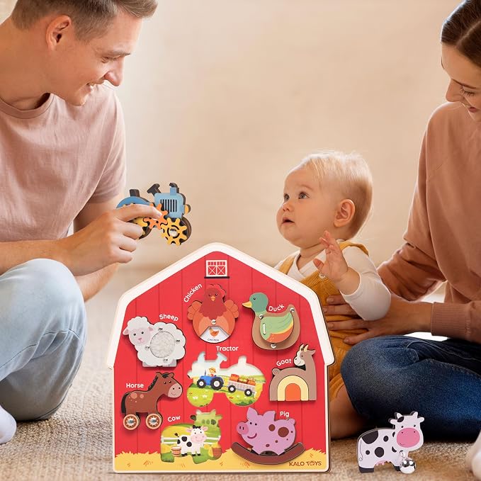 KALOTOYS Wooden Farm Animal Puzzle for Toddlers 1-3 – 8 Piece Montessori Sound & Sensory Puzzle with Textures & Spinning Tractor Gears – Fine Motor Learning Toy & Autism-Friendly Baby Gift