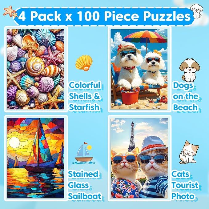 4 Packs 100 Piece Puzzle - Shells Sailboat Cats Dogs Jigsaw Puzzles, 100 Piece Puzzles for Adults Seniors Kids Puzzles for Kids Ages 4-6 6-8 8-10 Educational Puzzle Toys 15"x11"