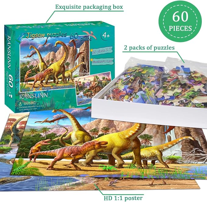 Dinosaur Puzzles for Kids Ages 6-8 4-6 Year Old - World of Huge Dinosaurs | 2 Packs 60 Pieces Jigsaw Puzzle for Toddler Children Learning Educational Puzzles Toys for Boys and Girls.