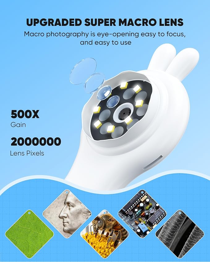 Microscope for Kids, Portable Digital Microscope with 500X Magnifying Glass, Handheld Camera Mini Pocket Magnification, Educational Christmas Birthday Gifts for Ages 4 5 6 7 8 9 10 11 12