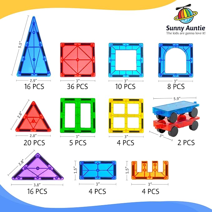 SUNNY AUNTIE Magnetic Tiles STEM Toys Building Set, Ages 3+ - 125 Pieces | Magnetic Tiles Building Toys, STEM Toys, Magnetic Blocks Construction Set, with 2 Cars & Guide Booklet for Kids Ages 3+