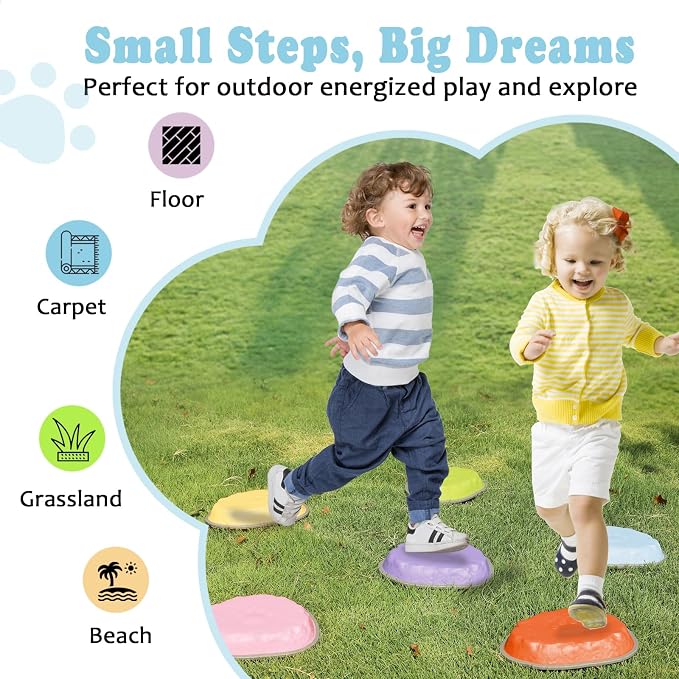 Stepping Stones for Kids, 10 PCS Non-slip Toddlers' Balance Sensory Toys, Indoor & Outdoor Play, Obstacle Course Game for Children Promoting Coordination and Motor Skills, Ages 3 4 5 6 7 8+
