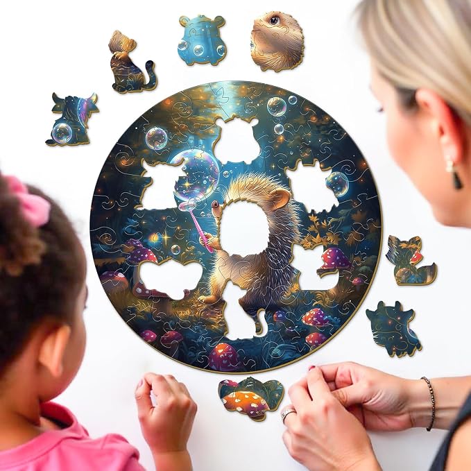 Animal Wooden Puzzles for Kids - Bubble Hedgehog | 50 Piece Puzzles for Kids Ages 4-6 - Kids Puzzle with Unique Animal Shapes -Round Puzzles for Boys and Girls (11.4 * 11.4 in)