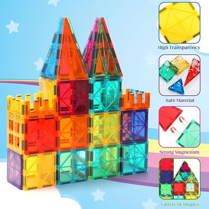 OugerToy 32-Pack Magnetic Tiles–Rainbow Builder Set | 2.95in STEM Construction Kit with Transparent Windows, Expand Creative Play for Kids