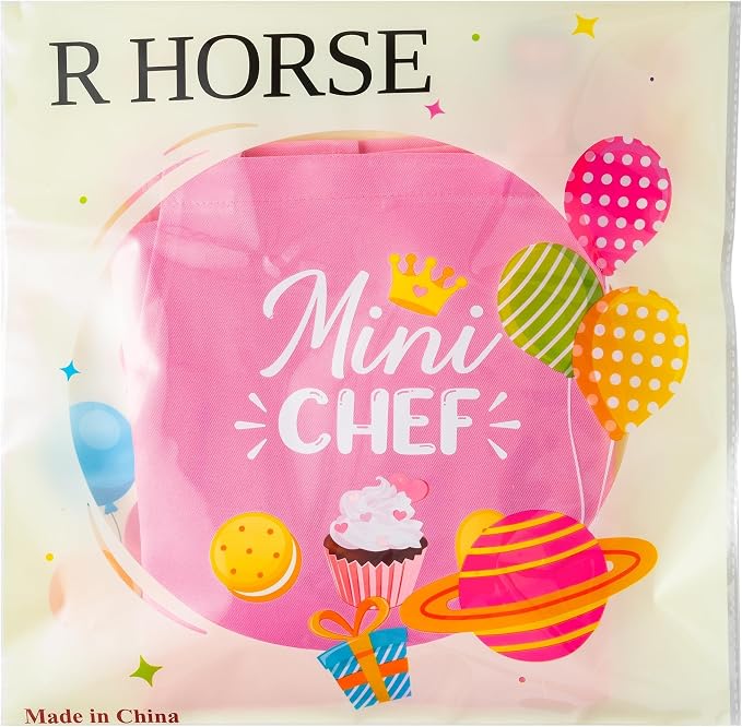 R HORSE 2 Pieces Kid Apron and Chef Hat Set, Children Role Play Chef Toy | Light Pink Adjustable Kitchen Apron for Girls, Ideal for Cooking, Baking, Painting, Training, Cooking Birthday Gift