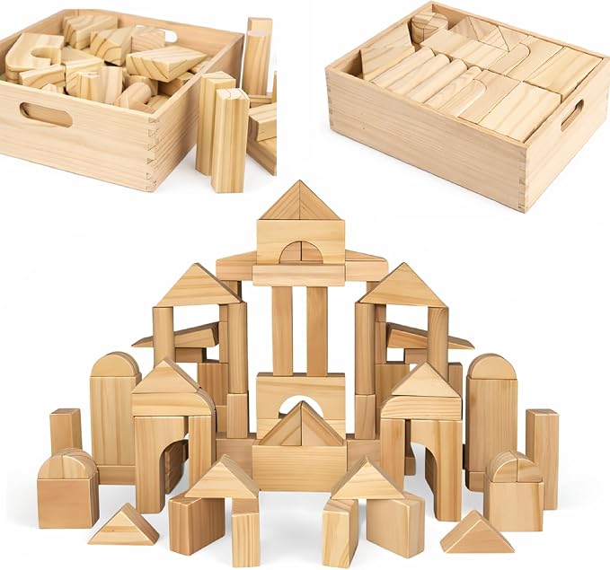 Standard Unit Building Blocks for Toddlers with Storage Tray (64 Pcs) Sanded Wood Blocks for Children, Original STEAM, and STEM Learning, Classic Wooden Toys for Kids Parties and Classrooms