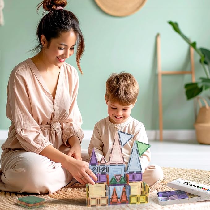 PicassoTiles 50PC Magnetic Tiles Travel Set Nano + Original Size Construction Building Block 2-in-1 Tile Collection with Tin Box Storage Case Montessori STEM Activity Learning Kit Kids Ages 3+ PN12