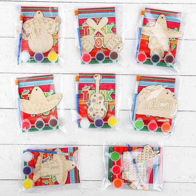 Saypacck 24 Pcs Mexican Taco Party Favors Wooden Paint Craft Kits | Mexican Taco Theme Painting Crafts, Fairy Princess Unicorn Party Supplies, Organza Bags Included for Goodie Bag Fillers