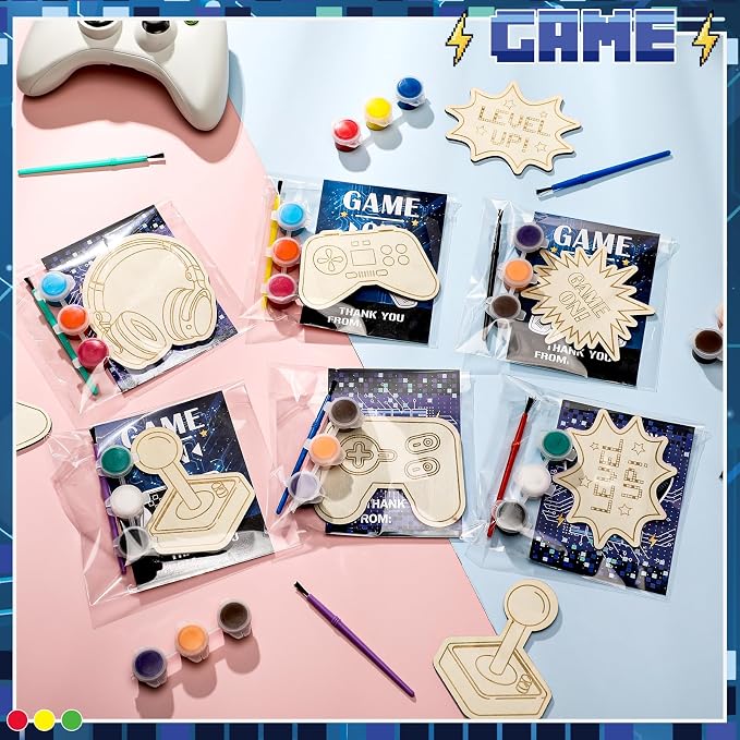 Chunful 24 Sets Video Game Party Favors Video Game Wooden Painting Crafts Kits DIY Gaming Paint Arts and Crafts Gifts for Home Birthday Gaming Theme Party Decoration Craft Project