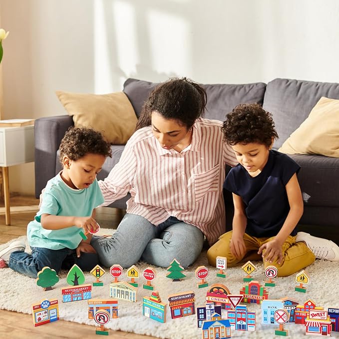 Blosssound 35 Pcs Wooden Town Building Play Toys for Kids City Street Traffic Signs Multicultural Community Block Train Track Accessories Preschool Classroom Educational Supplies Birthday Gifts