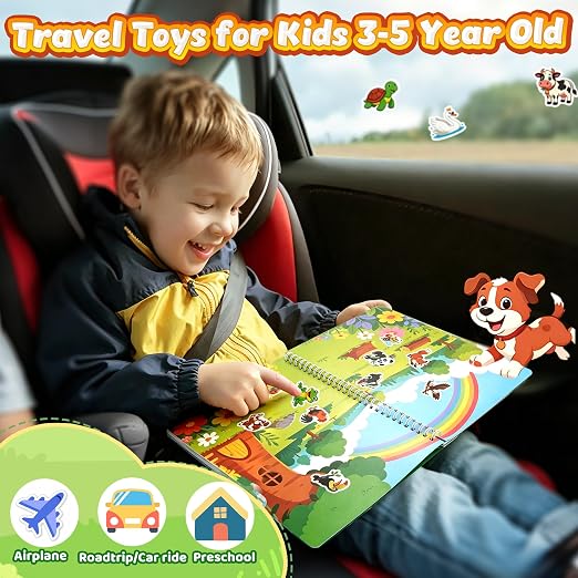 Jelly Animal Sticker Book Airplane Roadtrip Travel Toy for Kid 3-5 Year Old | Car Activities for Toddlers Reusable Sticker Scene Book Preschool Classroom Stickers Waterproof Activity Book for Toddlers