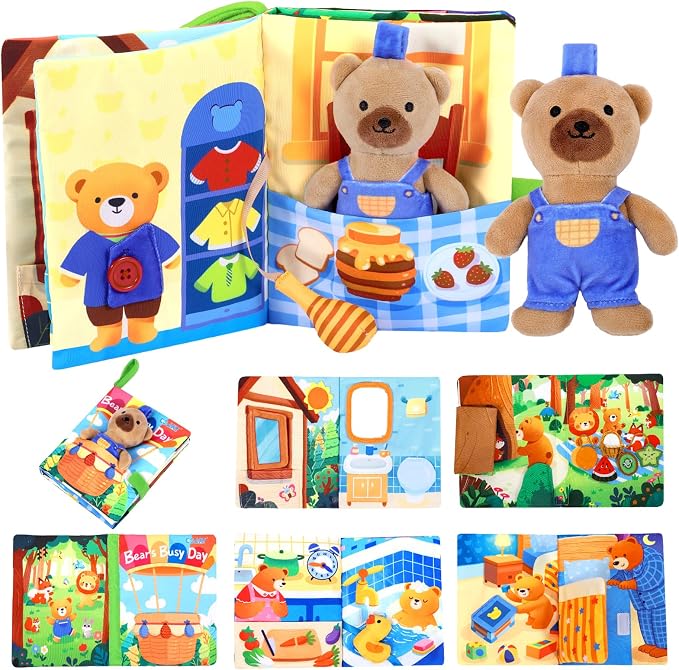 Esjay Busy Book for Toddlers 1-3, Bear Busy Board Montessori Toys, Learning Activities Fine Motor Skills Book, Birthday Gifts 1 2 3 4 Year Old Toddler Baby Girls Boys, Travel Toy for Airplane Car