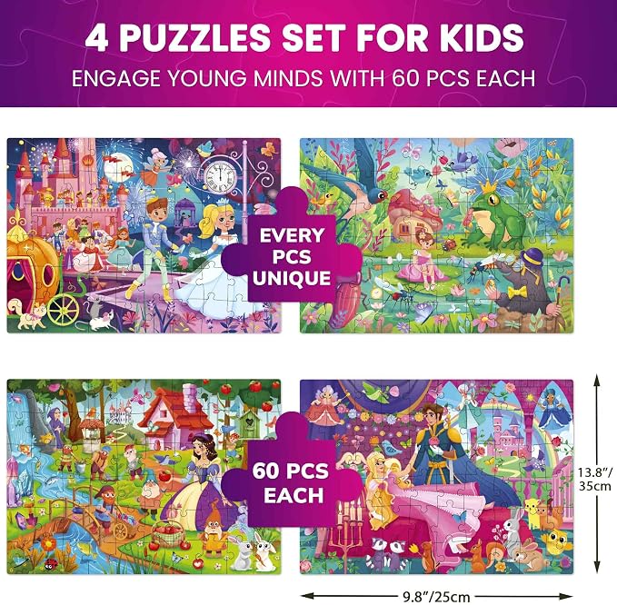 60 Piece Puzzles for Kids Ages 4-6 - 4 Jigsaw Toddler Puzzles Ages 3-5 | Fairy Tale Jigsaw Puzzles for Kids - FSC Certified - Educational Learning Toys - Gift for 5 Year Olds