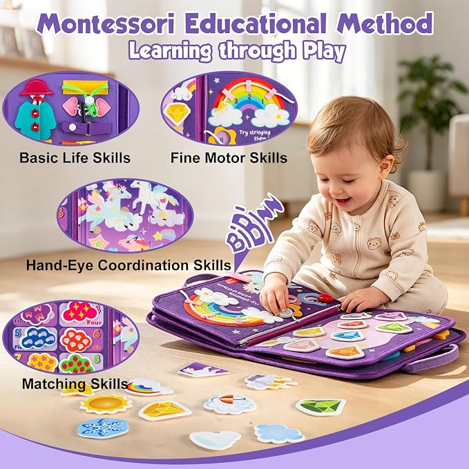 GOLIYEAN Toddler Busy Board - Montessori Toys for 1-3 Year Old Girl Birthday Gifts, Educational Learning Sensory Quiet Activity Busy Book for Toddlers, Airplane Car Travel Toys for Ages 2-4