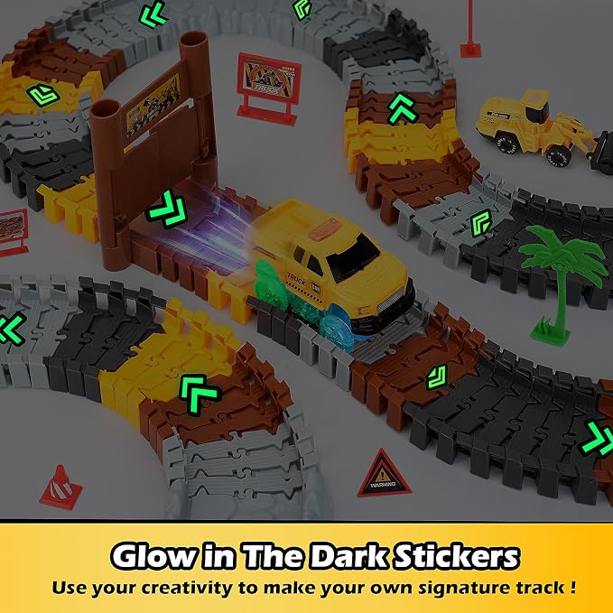 Coroiesty 157 PCS Construction Race Tracks for Kids with 360° Loop Ramp | Glow in The Dark Magic Toy Set, 1 Light Up Car, 3 Construction Cars, Flexible DIY Track Set, Gift for 3-9 Year Old Boys Girls