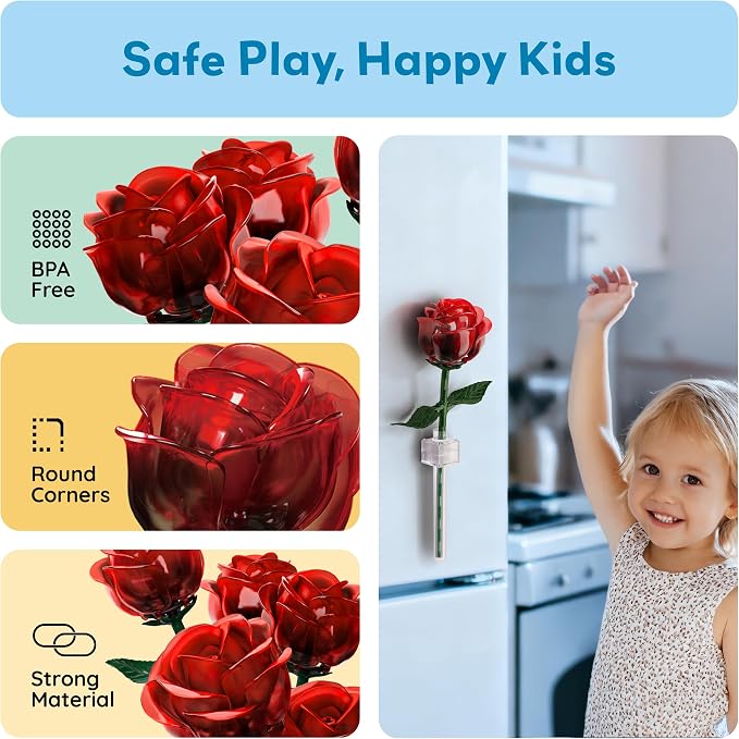 PicassoTiles Red Stem Roses Building 90pc Kit with Magnetic Hold Pieces Creative Flower Construction Toy Hands-On Play Discovery Activity Playset Kids Toys Girls Boys Ages 3+ PBS201