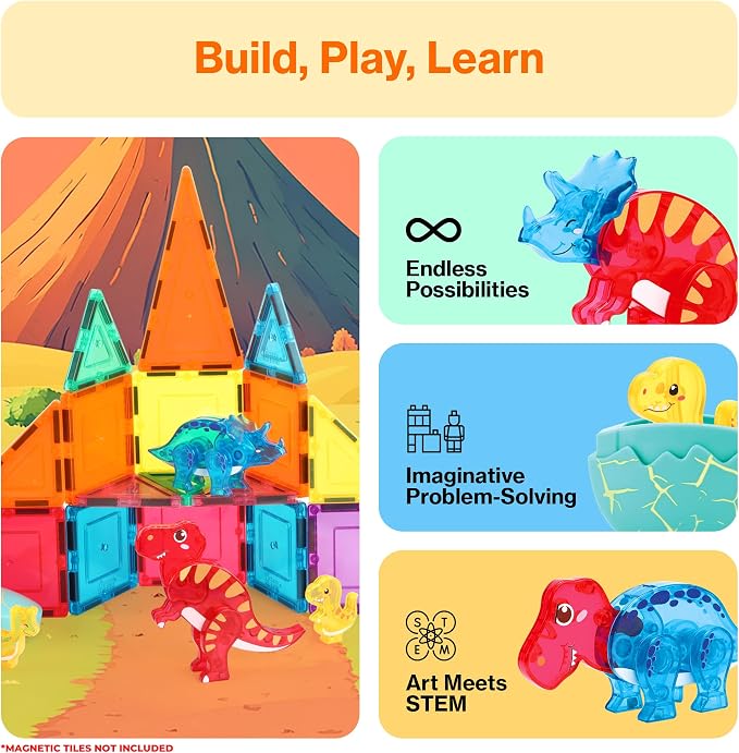 PicassoTiles Magnetic Tiles Dinosaur Egg Set 4 Dinos with 2 Hatchable Eggs Character Action Figures Accessory for Magnet Tile Building Construction STEM Pretend Play Learning Toys Kids Ages 3+ PTA35