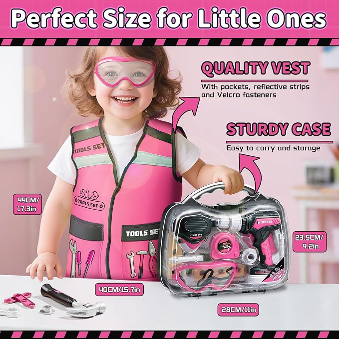 KidBloom Kids Tool Set, Toddler Tool Set with Box, Toys for 3 Year Old Girl | Construction Toys with Electric Toy Drill, Toy Tools with Vest, Pretend Play Tools for Kids, Birthday Gifts for 3 4 5 6 7 8 9