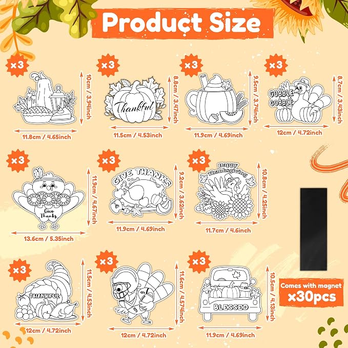 Thanksgiving Coloring Arts Crafts Kits - 30Pcs Fall Color Your Own Magnets for Kids Turkey Pumpkin Blank DIY Coloring Magnets for Autumn Party Fridge Refrigerator School Classroom Activities Decors
