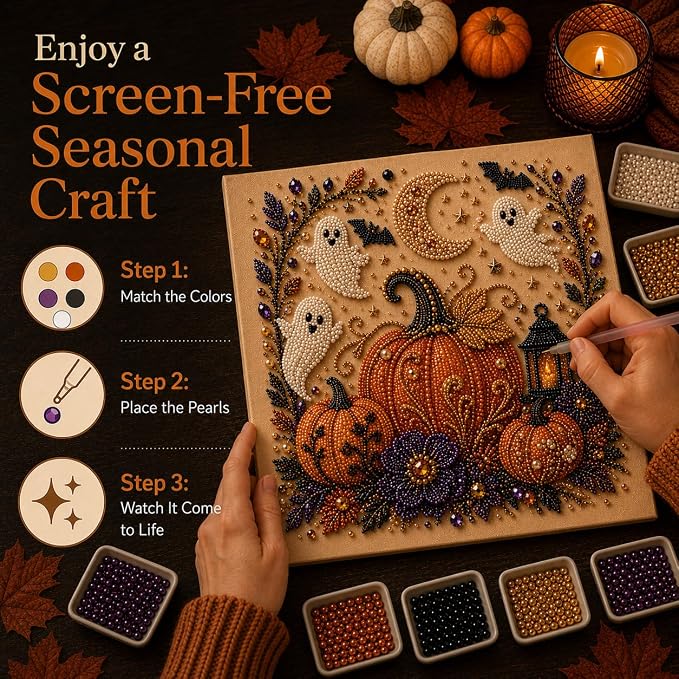 Halloween Pearl Art Kit for Adults, DIY Fall Craft (Pumpkin) | Create textured Halloween decor through a screen-free, beginner-friendly craft activity.