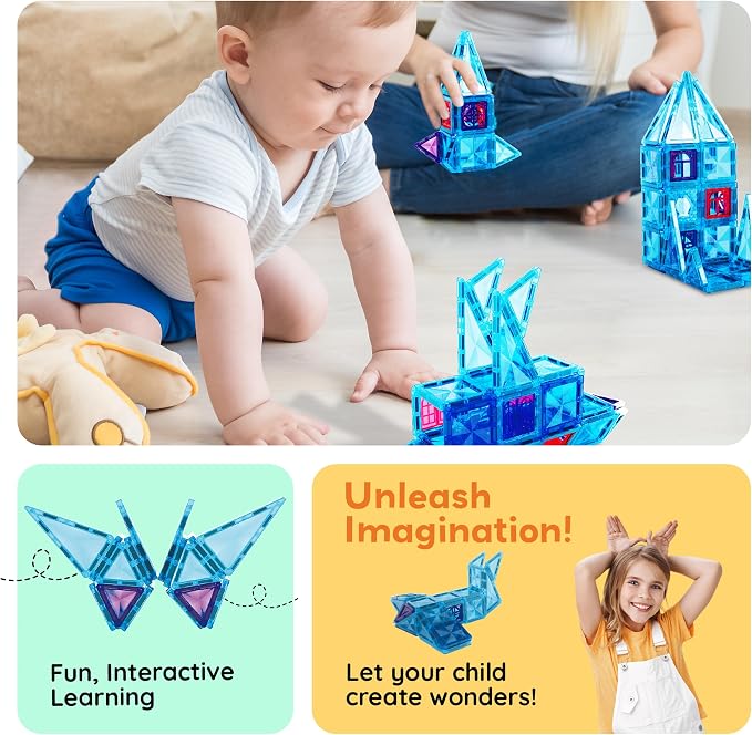 PicassoTiles 71pc Mini Diamond Series Winter Ice Theme Magnetic Tile Building Blocks 2 Character Action Figures Travel Size On-the-Go Magnet Construction Toy Set STEM Development Kit Ages 3+ PTM71