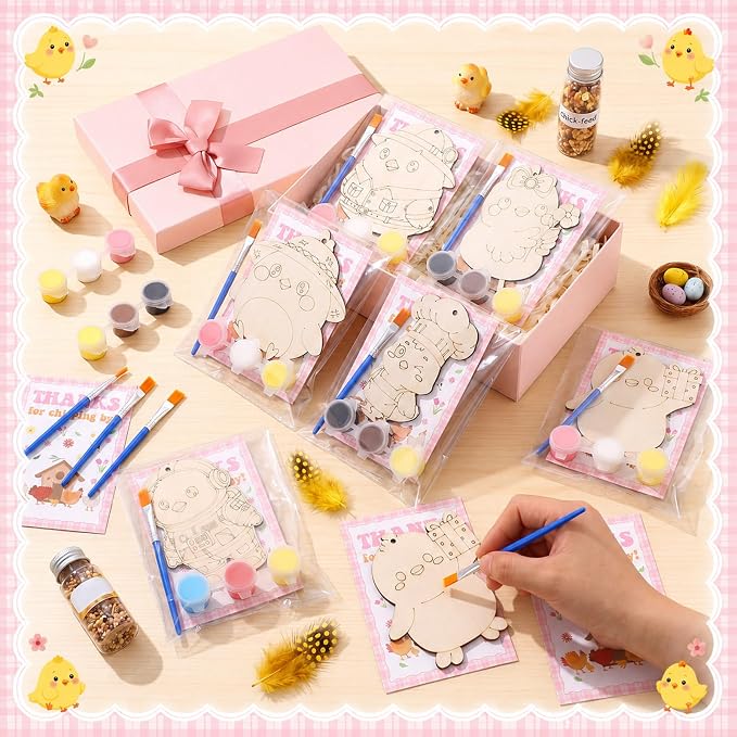 Saypacck 24 Pcs Party Favors Wooden Painting Craft Kits Birthday Party Supplies with Organza Bag for Goodie Bags Fillers Adult Thank You Gifts(Chicken)