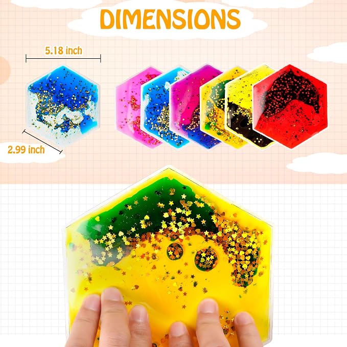 Onyoloy Sensory Soft Gel Liquid Toys - Hexagon Sensory Motion Fidget | for Autism Kids, Stress Relief & Focus, Home School Therapy Travel Toys (6 Pack)