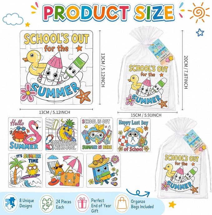 Cinrobiye 24 PCS End of Year Students Gifts Summer Beach Pool Coloring Jigsaw Puzzle Craft Bulk DIY Holiday Graduation Puzzles Craft with Colored Pens for Birthday Last Day of School Party Favor Decor