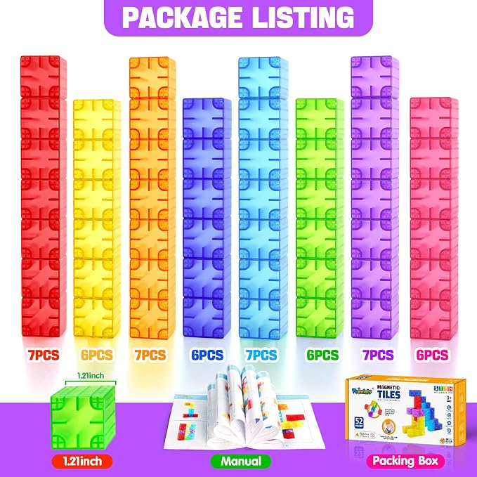 Feoxialy Magnetic Blocks 52pcs Translucent Magnetic Cubes Building Blocks | Digit Magnet Toys for Kids, Rainbow STEM Creativity Toys 3+ Year Old Boys & Girls Toddlers Kids Christmas Birthday Gifts