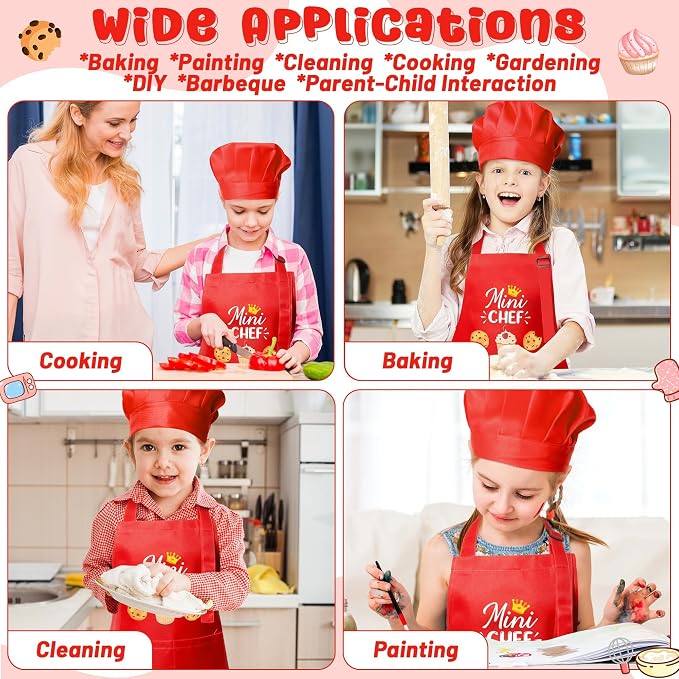R HORSE 2 Pieces Kid Apron and Chef Hat Set, Dress up Pretend Play Toy | Red Mini Chef Adjustable Children Kitchen Apron with Pockets, Ideal for Cooking, Baking, Painting, Cooking Birthday Gift