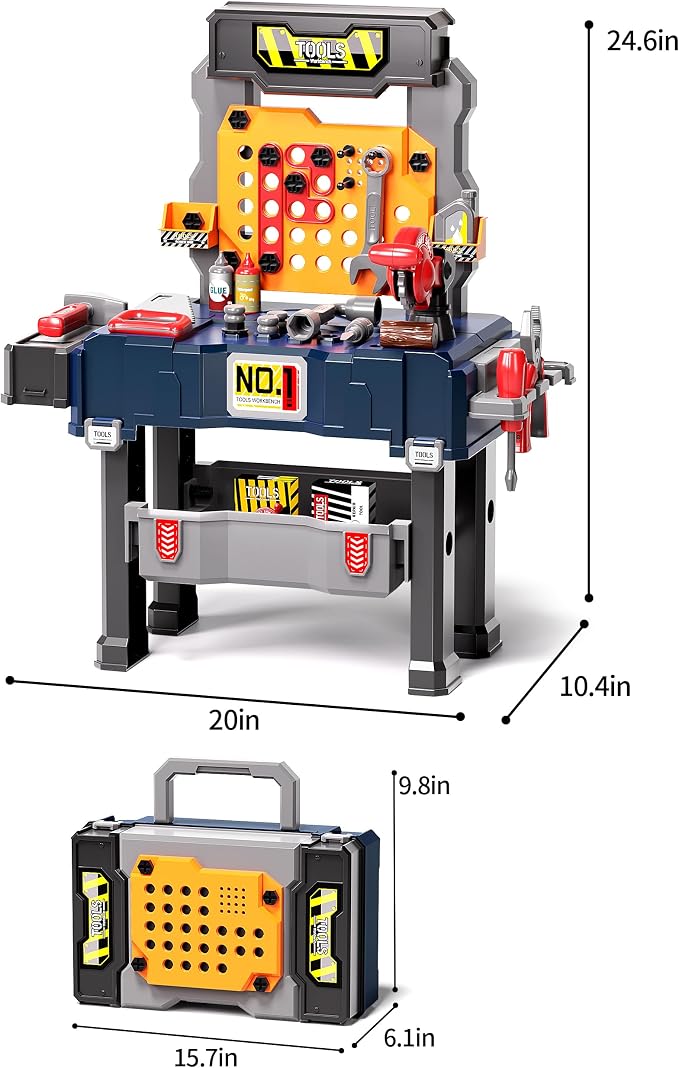 Deejoy Kids Tool Bench with Electric Drill and Miter Saw | 2-in-1 Toddler Workbench and Tool Box Set, Construction Toys for Boys 3-5, Engineering Play Set for Toddlers Age 3 4 5 6