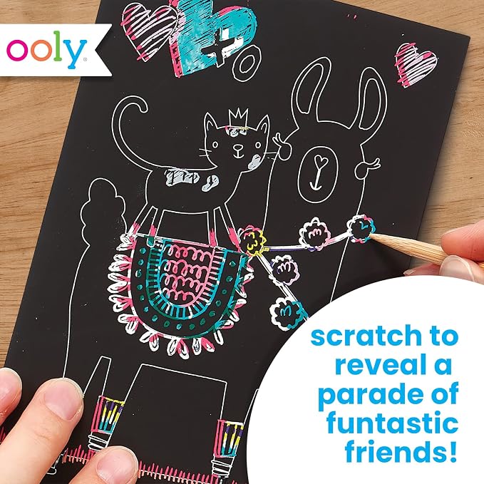 Ooly Mini Scratch & Scribble Art Kit, 6 Cards – Funtastic Friends | Ages 6+, Wooden Stylus Included, Compact Car and Airplane Travel Activity, Screen-Free Craft, Fun Gift for Kids