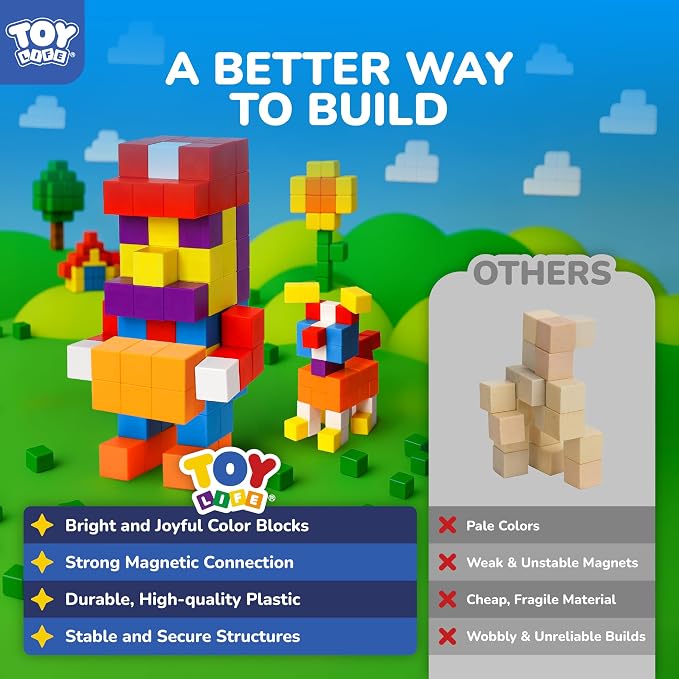 TOY Life Primary Magnetic Blocks, 64-Piece STEM Set, Ages 3-8 | bright ABS cubes, storage bag and idea guide, strong connections, creative play