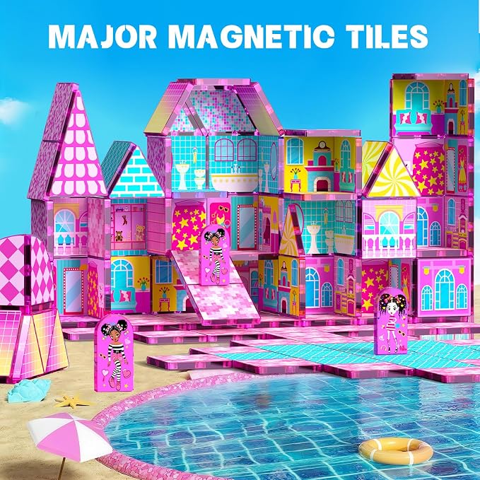 Magnetic Tiles 52PCS Magnetic Building Blocks for Kids Ages 3-5 4-8, STEM Montessori Preschool Classroom Must Haves, Toddler Sensory Educational Toys for Boys Girls, Christmas Birthday Gift(Pink)