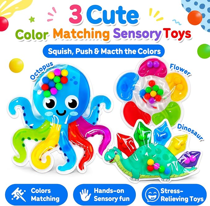 3PCS Color Sorting Sensory Squeeze Fidget Toys for Kids,Montessori Preschool Learning Fine Motor Skils Matching Travel Roadtrip Toy Birthday for Boys Girls Ages 3+
