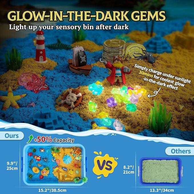 KNASON Pirate Treasure Chest Sensory Bin with Glow in The Dark Gems and Map | 2.2lbs Sensory Play Sand Kit, Sandbox with Lid, Pirate Toys, Spyglass, Compass, Sand Toys Gift for Boys Kids Ages 3-8