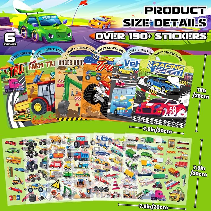 Elfew 6 Pack Car Sticker Books for Toddlers 2-4 3-5 | Over 190+ Stickers, 3D Reusable, Puffy Vehicle Stickers for Boys, Mess Free Activity Set, Road Trip Essentials Birthday Gift