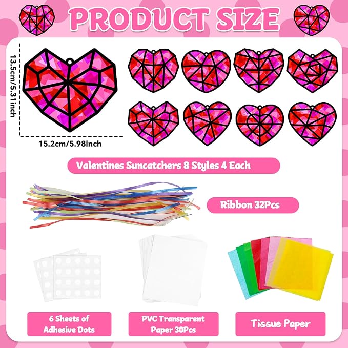 32 Sets Heart Suncatchers Craft Kit for Valentine's Day DIY Window Stained Glass Paper Pink Love Home School Classroom Decor Valentines Art Craft Creative Activity Project Kid Christmas Gift Favor
