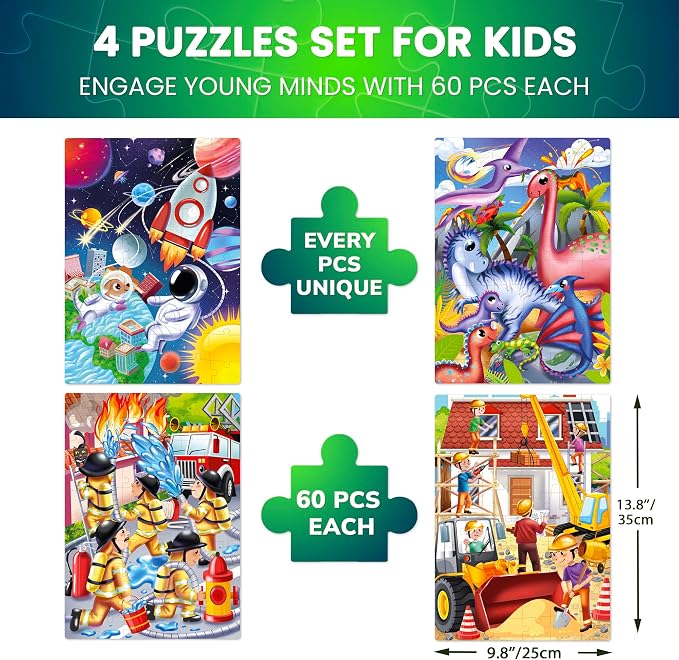 60 Piece Puzzles for Kids Ages 4-6 - 4 Jigsaw Toddlers Puzzles Ages 3-5 | Space, Dino, Firefighters Puzzles for Children Ages 6-8 - Educational Gift Game for Boys and Girls