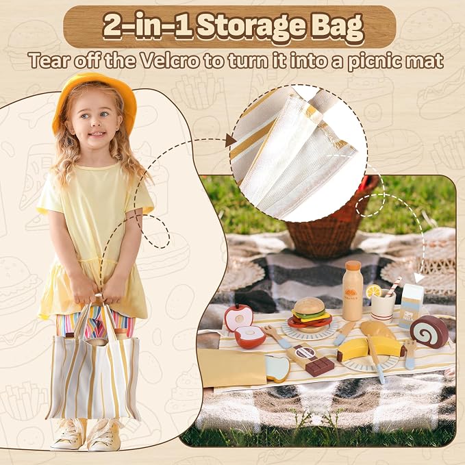 Lehoo Castle Wooden Play Food Set for Toddlers, Play Kitchen Accessories | Pretend Play Cutting Toys, with Storage Bag, Fruits, Hamburger, Plates, Cutlery, Montessori Toys for Girls Boys Kids 3-5