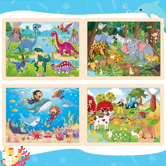 4-Pack Wooden Puzzles for Kids Ages 3-5, 24-Piece Animals Toddler Set | Toddler Puzzles Ages 3-5, Preschool Puzzles with Wooden Jigsaw Boards for Fine Motor Skills, Shape Recognition and Travel