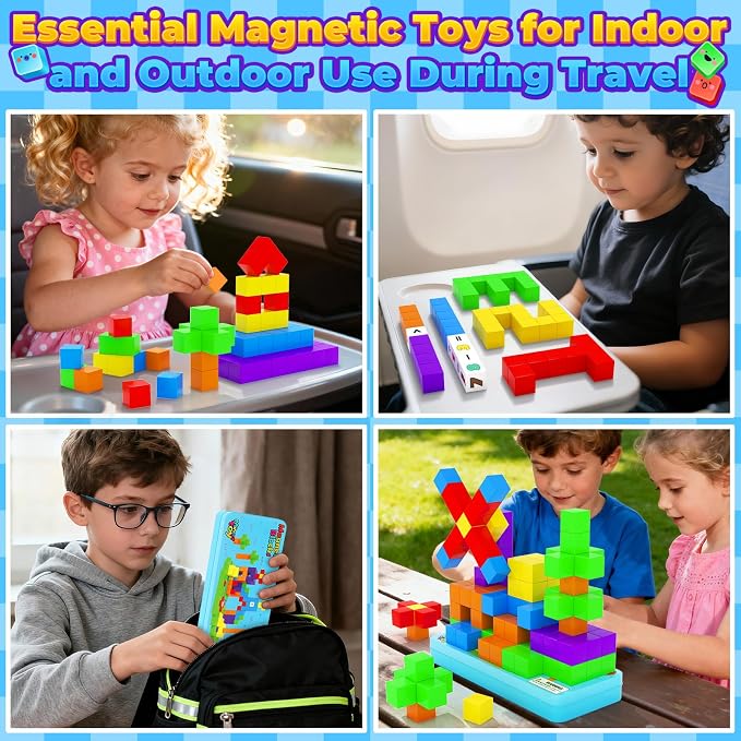 Magnetic Blocks Mini Travel Essentials Toddler Toys with Case Set, Kids Magnet Building Blocks Sensory Montessori Autism Toys for 3+ Boys & Girls Birthday Gifts
