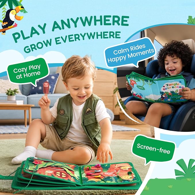 JoyCat Jungle Busy Board for Toddlers 2-4, 25 in 1 Busy Book | support fine motor practice, counting, matching, problem solving, pretend play, and screen-free fun at home or on the go