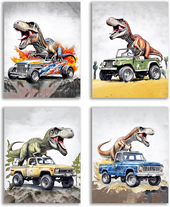 Dinosaur Wall Art Funny Dinosaur Room Poster 8x10 Inch | Vintage Car Pictures Cool Dino Prints Nursery Bathroom Artwork 4Pcs