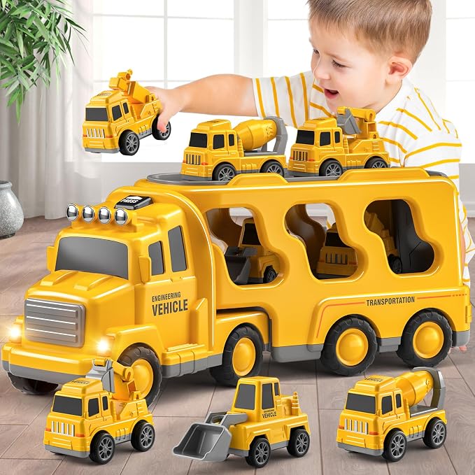 Beby Buty 5 in 1 Construction Trucks Cars Toys for Toddlers 3-5 | Boy Toddler Car Truck Toys with Light Sound, Includes Crane, Mixer, Bulldozer & Excavator, Birthday Gifts for 3 4 5 Year Boys