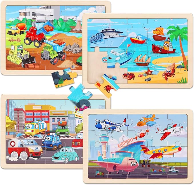Wooden Educational Jigsaw Puzzles for Preschool Kids Ages 3-5, 4-Pack with 20 Pieces Transportation Wood Jigsaw Puzzles Set, Preschool Gifts for Boys Girls Ages 3 4 5 6