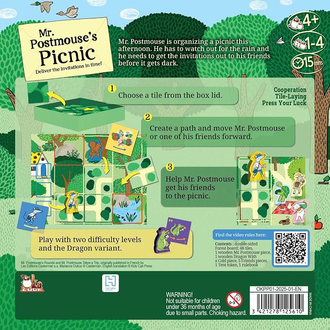 GIGAMIC Mr. Postmouse’s Picnic | Adorable Animal Adventure Board Game for Kids | Help Mr. Postmouse Get His Friends to the Picnic | Cooperative Tile Flipping Kids Game | Ages 4+ | 1-4 Players | 30 Min