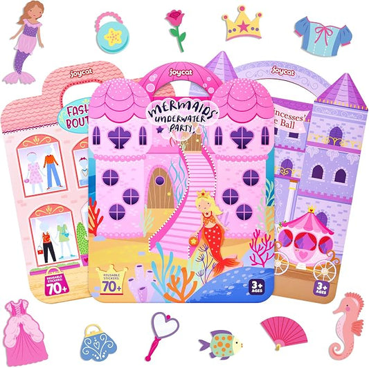 JoyCat Reusable Dress-Up Sticker Books, 3-Pack, Princess Mermaid Fashion | 200+ washable stickers, kids car activities, toddler creative play, preschool travel toy, birthday gift for 4 year old girls